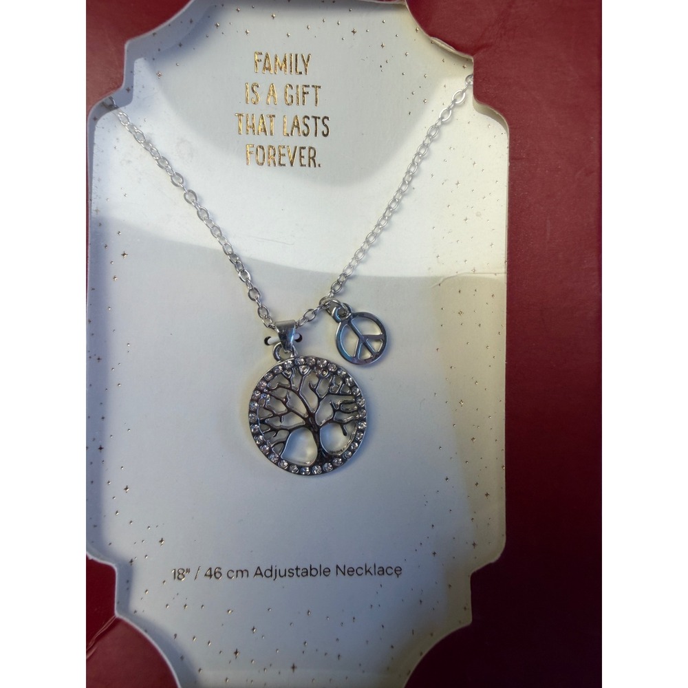 Tree of Life Peace Charm Necklace Silver Tone Rhinestone 18" Family Gift New Box